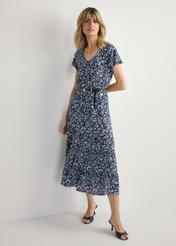 Blue floral midi dress SUKDT-0267-7P(W26), front view of the product on the model. Full body visible.