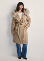Beige women's winter jacket KURDT-0613-81(Z25) - front product view, model against white background. Full body visible.
