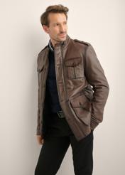 Men's brown leather jacket KURMS-0426-1H(Z26), front product view on model. Half silhouette visible.