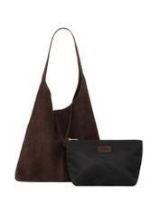 Brown suede shopper bag TORES-1403-1H(Z26). Front view with cosmetics bag on white background.
