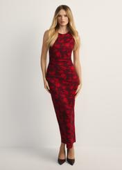 Burgundy floral viscose dress SUKDT-0245-49(Z25) - front view of the product on a model, against a white background. Full body visible.