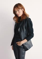 Women's black leather vest KAMDS-0010-5344(W25), side view of the product on the model, half of the silhouette visible.