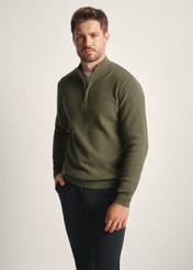 Men's khaki zippered sweater SWEMT-0167-55(Z25), front product view on model. Half silhouette visible.