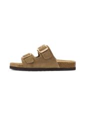 Women's leather flip-flops in cool beige color BUTYD-1158-1K(W26), side view of the product on a white background.