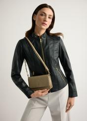 Small beige women's handbag TOREC-1178-1P(W26), product view on model's shoulder. Half of silhouette visible.