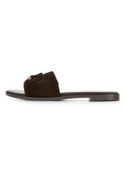 Women's suede slides in dark brown color BUTYD-1255-1I(W26), side view of the product on a white background.