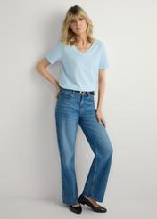 Light blue women's basic T-shirt TSHDT-0120-7A(W26), front view of the product on the model. Full body visible.