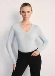 Sky blue women's sweater SWEDT-0250-62(Z25), front view of the product on the model. Half of the silhouette visible.