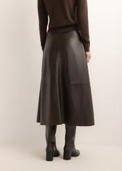 Brown leather midi skirt SPCDS-0077-1I(Z26) - back view of the product, against a light background. Half of the silhouette visible.