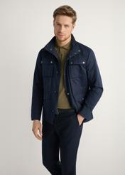 Men's navy blue transitional jacket KURMT-0376-7D(W26), front view of the product on the model. Half of the silhouette visible.