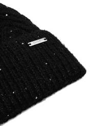Black women's hat with sequins and pompom CZADT-0175-98(Z25), close-up of the product detail on a white background.