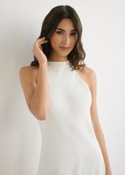 Ecru viscose dress SUKDT-0264-0B(W26), front view of the product on the model. Half of the silhouette visible.