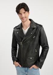 Men's vintage leather jacket KURMS-0370-1316(W25) - front view on a model on a white background. Half of the silhouette visible.