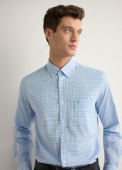 Men's blue checkered cotton shirt KOSMT-0277-7B(W26), close-up of the product from the front on the model's silhouette.