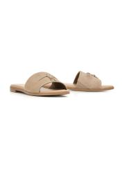 Women's suede flip-flops in cool beige color BUTYD-1255-1K(W26), diagonal product view on a white background.