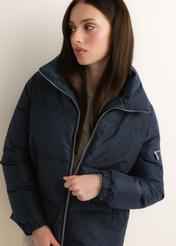 Women's navy blue monogram-print jacket with a stand-up collar (KURDT-0694-7E(Z26)); close-up of the product on a model.