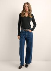 Thin black women's sweater with lace accent SWEDT-0262-99(Z26), front view of the product on the model. Full body visible.