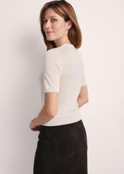 Cream women's blouse with short sleeves BLUDT-0196-12(Z25), product view from the back on the model, half of the silhouette visible.