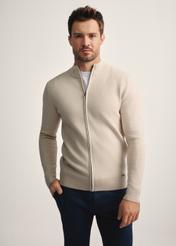 Beige men's cardigan SWEMT-0149-81(Z25), front product view on model. Half silhouette visible.