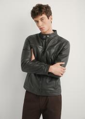 Men's dark brown leather jacket KURMS-0326-1I(W26), front product view on model. Half silhouette visible.