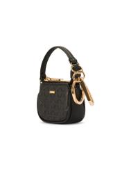 Black leather bag-shaped keychain BRELOK-0211-99(Z25), diagonal product view on white background.