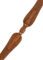 Brown suede women's belt PASDS-0330-89(Z25), view of the clasp of the product on a white background.