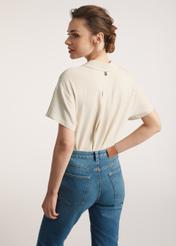 Beige women's linen shirt KOSDT-0179-81(W25) - product view from the back on the model. Half of the silhouette visible.