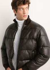 Men's dark brown leather jacket with a stand-up collar (KURMS-0428-1I(Z26)) – product close-up and shown on a model.