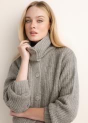 Grey women's turtleneck cardigan KARDT-0068-9B(Z26), front view on a model. Half-body shot.
