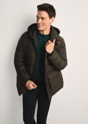 Men's olive winter jacket KURMT-0379-57(Z25) - front product view on model on white background. Knee-length silhouette visible.