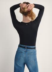 Black women's bodysuit with long sleeves BODYT-0001-99(Z25), product visible from the back on the model, half of the silhouette visible.