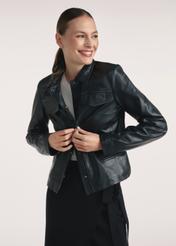 Black women's leather jacket KURDS-0548-2874(Z25), front view of the product on the model, half of the silhouette visible.