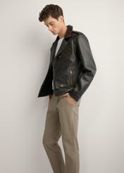 Men's leather biker jacket KURMS-0395-99(W26) - side view of the product, on a model, against a light background. Full silhouette visible.