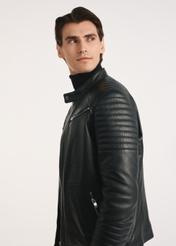 Black men's leather jacket KURMS-0382-1283(Z25), product visible from the side on the model, half of the silhouette visible.