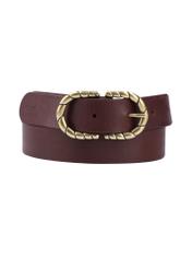 Brown leather belt with decorative buckle PASDS-0354-1H(Z26), front product view on white background.