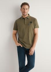 Men's khaki polo shirt POLMT-0083-8D(W26), front view of the product on the model. Half of the silhouette visible.