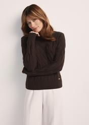Chocolate women's sweater with decorative weave SWEDT-0210-90(Z25), front view of the product on the model. Half of the silhouette visible.