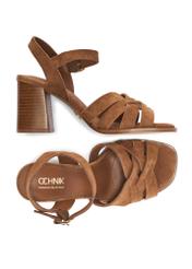 Women's suede camel sandals with a block heel BUTYD-1231-1D(W26)