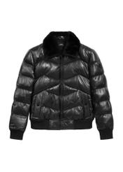 Black men's leather jacket with insulation KURMS-0377-1127(Z25), product view from the front on a white background.