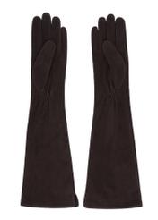 Long dark brown leather women's gloves REKDS-0088-1I(Z26), product view from the back on a white background.
