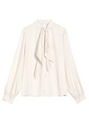 Cream elegant women's blouse with ties BLUDT-0213-0C(Z26), product view from the front on a white background.