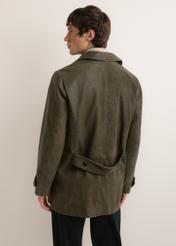 Men's khaki leather coat (model KURMS-0409A-8D(Z26)), shown from the back on a model; half of the figure is visible.