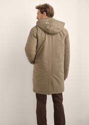 Men's long dark beige jacket KURMT-0441-1C(Z26), product view from the back on the model. Half of the silhouette visible.