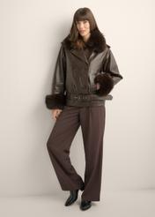 Women's dark brown leather jacket KURDS-0616-1I(Z26) - front view of the product, on a model, against a light background. Full body visible.