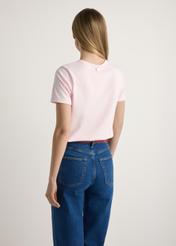Pink women's T-shirt with print TSHDT-0152-5A(W26), product view from the back on the model, half of the silhouette visible.