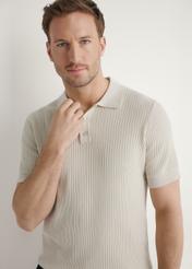 Light beige ribbed polo shirt POLMT-0085-1A(W26), close-up of the product on the model's silhouette.