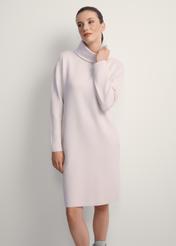 Beige turtleneck dress SUKDT-0206A-80(Z25), front view of the product on the model, half of the silhouette visible.