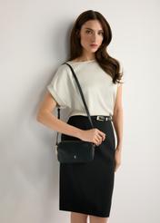 Small black leather women's handbag TORES-1262-99(W26), product view on model's shoulder. Half of silhouette visible.