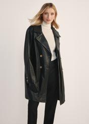 Women's leather jacket in the form of a coat KURDS-0443-1313(Z25), product view from the front on the model, half of the silhouette visible.