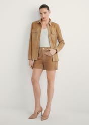 Women's Beige Leather Shorts SPODS-0035-1B(W26), front view of the product on the model. Full body visible.